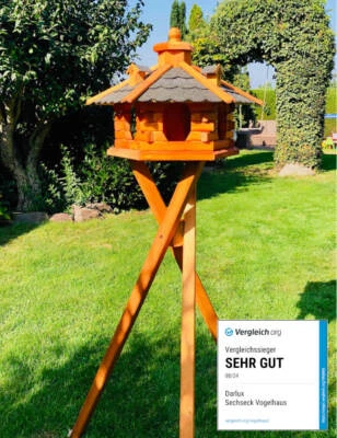 DARLUX Vogel Futter Haus L Sechseck Holz Vogelhaus mit Ständer Braun/ Schwarz - Bild 1 von 4