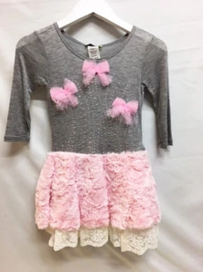 New Little Mass Girl's Pink Soft Fur Skirted Grey Sparkle Winter Toddler Dress - Picture 1 of 2
