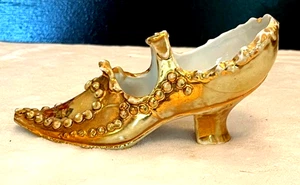 "Zapato miniatura vintage victoriano de porcelana dorada - decorado a mano, exhibición de 6""" - Imagen 1 de 4