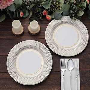 25 WHITE GOLD 10" Porcelain Design Round Paper PLATES Party Events Decorations - Picture 1 of 8