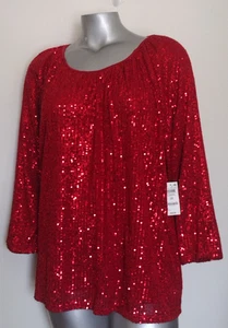 NWT JM Collections Woman SEQUINED TOP BLOUSE Size 3X PULLOVER 3/4 Sleeves RED - Picture 1 of 24
