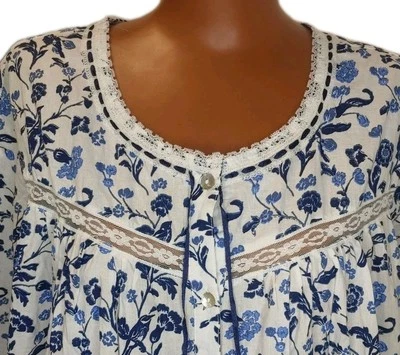 Appleseed Lace Nightgown Sleep Dress Woman XL Blue Floral Button Tiered Hem Nwot - Image 1 of 4
