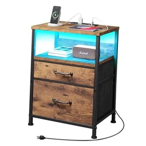Nightstand with Charging Station, LED Night Stand with 2 Fabric Drawers, Side - Picture 1 of 7