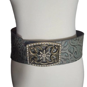 Cintura Texas in pelle Mfg Western Tooled taglia MD/LG ottone teal strass made in USA - Foto 1 di 8
