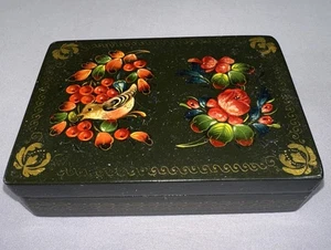 Vintage russische Lack Schmuckschatulle handbemalt Vögel & Blumen 5,5" x 3,25 - Bild 1 von 15