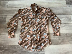 H Bar C Pearl Snap Long Tail Shirt Men Size Large Brown Vintage 1970s 15-1/2-34 - Picture 1 of 14