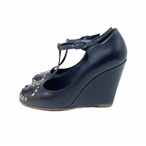 Chanel Women's Mary Jane Lucky Charm Navy Leather Wedge Size US: 6 / EUR: 36