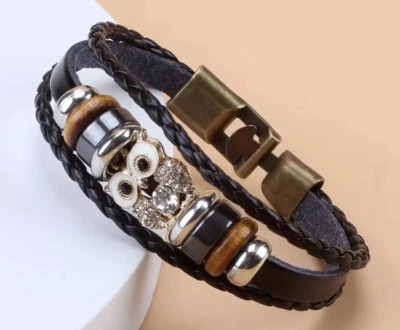 Bracciale Uomo donna Gufo-con cinturino in Pelle cuoio-idea Regalo Porta Fortuna - Immagine 1 di 4