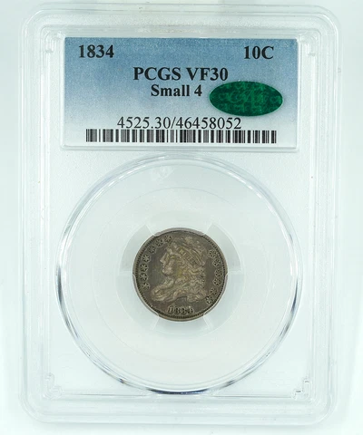 1834 PCGS & CAC VF30 Small 4 Draped Bust Dime 10C Cover