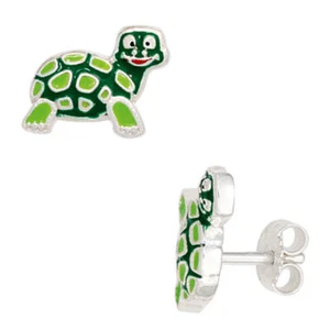 Earrings Studs Turtle Green Lacquered 925 Silver, Children - Picture 1 of 1