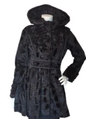 Abrigo con Capucha LAUNDRY By Shelli Segal Negro Piel Sintética Ajuste y Acampanado Talla Med Foto 1 de 4