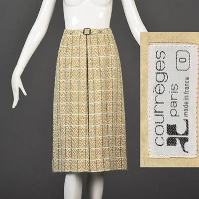 Small 1960s Courreges Skirt Chunky Tweed Knee Length Windowpane Buckle Waist - Image 1 of 4
