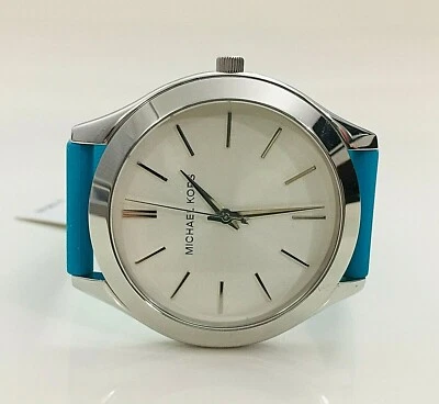 NWT Michael Kors Women's Watch BLUE Silicone & Silver SS Slim RUNWAY MK2609 $195 - Image 1 of 4