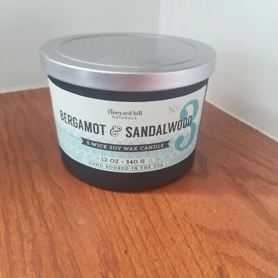 Vela Vineyard Hill Naturals bergamota y sándalo 3 mechas vela de cera de soja 12 oz Foto 1 de 4