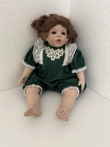 21” Porcelain Doll - Green Dress - Unbranded - Brown Hair - Curled Pigtails - Picture 1 of 7