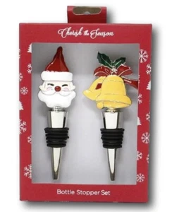 Christmas Bottle Stopper Set Santa & Bells 4.5" Cherish The Season - Picture 1 of 2