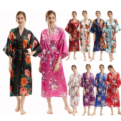 Women's High Quality Satin Kimono Robe Long Nightdress Peony Cherry Blossom ZZTY - Image 1 of 4