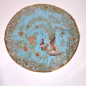 Vintage Gold Metallic Thread Blue Silk Embroidered Bird Phoenix Asian Table Mat - Picture 1 of 6