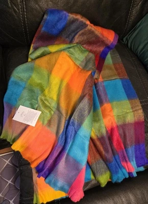 Pokoloko Alpaca Blend Throw Blanket 47"x66" Fringed Multi Check Ecuador Colorful - Image 1 of 4