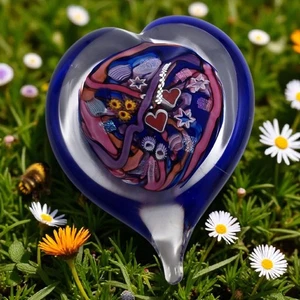 Doug Sweet Signed Handblown Dichroic Heart Glass Paperweight Two Red Hearts - Picture 1 of 10