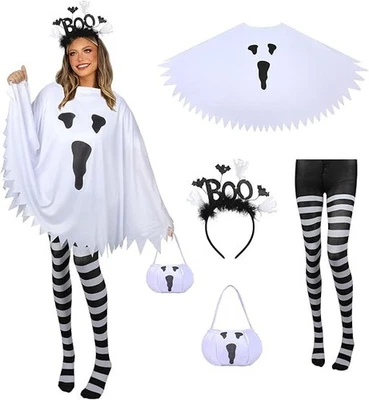 Halloween Ghost Costume Set 4pcs Poncho Headband Bag Tights for Women — 第 1/4 张图片
