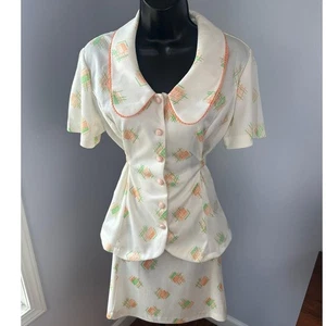 Vintage 70s Skirt Set Short Sleeve Peplum Button Up Top & Skirt Mod Style - Picture 1 of 6