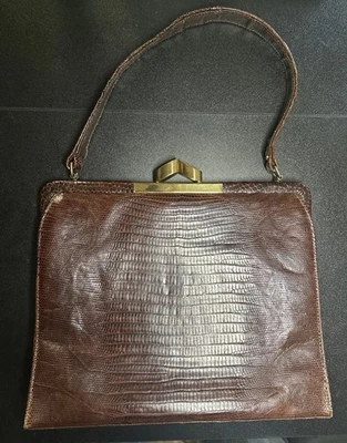 Bolso de mano vintage de cocodrilo Deitsch con cierre de cuero marrón 1950 Foto 1 de 4