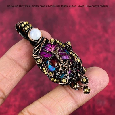 Natural Kingman Pink Dahlia Turquoise Gemstone Rainbow Moonstone Copper Pendant - Image 1 of 4