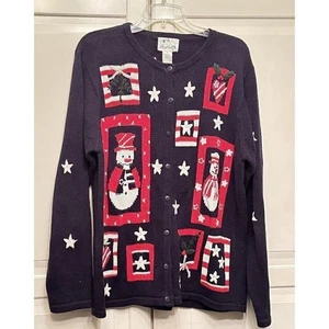 Cárdigan suéter Quaker Factory para mujer mediano patriótico muñeco de nieve rojo blanco azul - Imagen 1 de 9