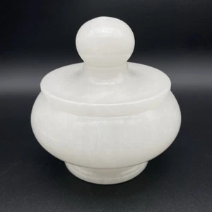 MCM Stone Alabaster Marble Lidded Round Trinket Jewelry Box Catch All Container - Picture 1 of 12
