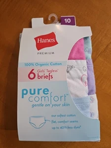 Girls 6pk Tagless Briefs By Hanes 100% Organic Cotton Gentle On Skin Sz 10 - Picture 1 of 3