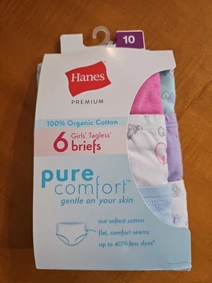 Girls 6pk Tagless Briefs By Hanes 100% Organic Cotton Gentle On Skin Sz 10 - Image 1 of 3