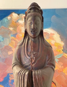 Gorgeous Antique Chinese Hand-carved Hardwood Guanyin Statue, 9" - Picture 1 of 12