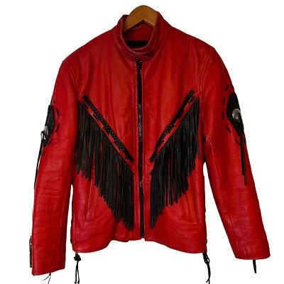 Motorcycle Leather Jacket Womens Large Fringe Red Unik International Moto - Image 1 of 4