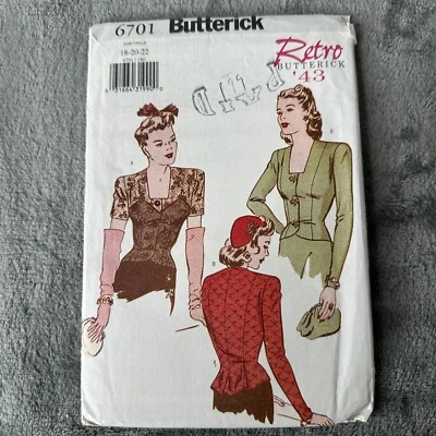 Butterick Pattern 6701 Sz 18-22 Misses Petite Retro 1940s Blouse Top 2 Styles - Image 1 of 4