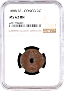 ๐ฅ Belgian Congo 1888 2 Centimes NGC MS62 BN ๐ฅ - Picture 1 of 4