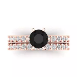 Anello da sposa promessa onice naturale pavè taglio tondo 3,0 set fascia oro rosa massiccio 14 kt - Foto 1 di 5