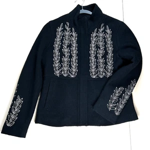 Icelandic Design Black Wool Embroidered Zip Front Cardigan Sweater Coat Size S P - Picture 1 of 8