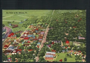 ST. ALBANS, VT * AERIAL VIEW of DOWNTOWN * UNPOSTED RIVERSIDE PAPER CO. LINEN - Picture 1 of 2