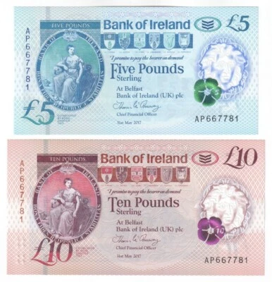 Bank of Ireland £5 and £10 Banknotes with matching serial numbers (2017) - UNC. - Image 1 of 2