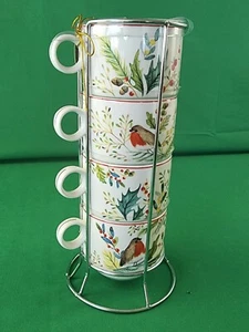 Grace Teaware Stackable Mug Set of 4 Chrome Stand Red Robin Holly Branches - Picture 1 of 9