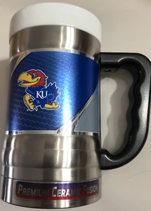 UNIVERSITY OF KANSAS KU JAYHAWKS PREMIUM CERAMIC STAINLESS 15 OZ MUG, NEW - Picture 1 of 3