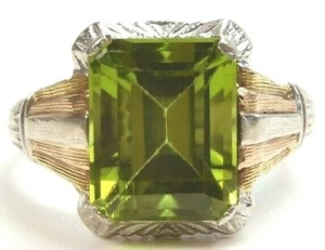 Antique Art Deco Natural Peridot 10K Multi-Tone Ring Size 4 UK-H 3CT + - Picture 1 of 12
