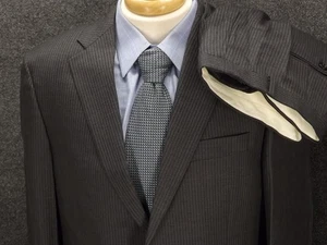 Hickey Freeman 40R 35x30 Gray Stripe 100% Import Wool Flat Pants 2 Btn 2 Pc USA - Picture 1 of 17