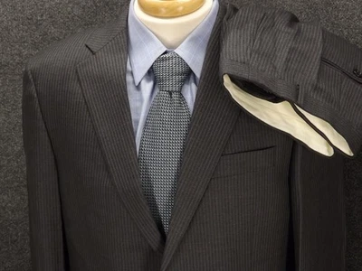 Hickey Freeman 40R 35x30 Gray Stripe 100% Import Wool Flat Pants 2 Btn 2 Pc USA - Image 1 of 4