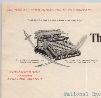 1910 Smith Premier Typewriter Illustrated Letterhead Syracuse NY BH2-4 - Image 1 of 4