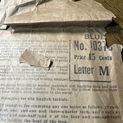 1910s Butterick Iron-On Embroidery Transfer Pattern 10370 Alphabet Antique “M” - Image 1 of 4