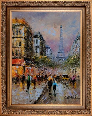 Pintura al óleo enmarcada de Frence, vista al atardecer de la Torre Eiffel de París, firmada por C Vevers Foto 1 de 4