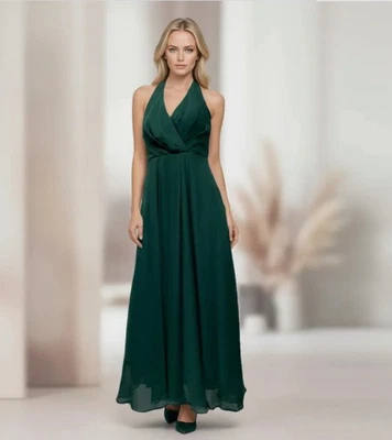 Vera Wang White Label Forest Green Chiffon Event/Bridesmaid Halter Gown Dress 10 - Image 1 of 4