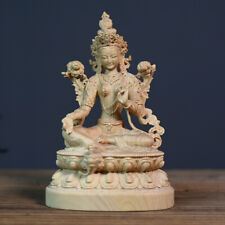 Chinese Box-wood Carved Green Tara Guanyin Spirit of Compassion Goddess Statues